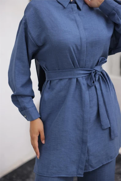 Gömlek Yaka Kuşak Detaylı İkili Takım - (38-46) - 71199 - Lacivert - Resim 6