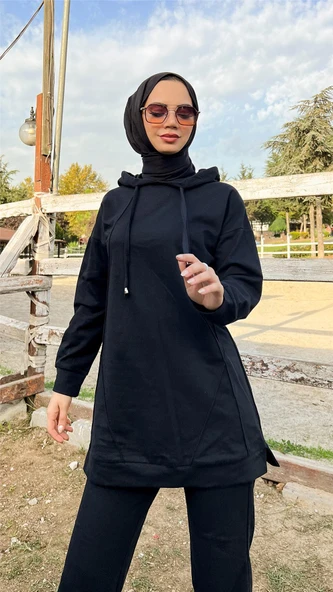 Kapşonlu O Yaka Sade Basic İkili Eşofman Spor Takımı - 03039-1.003 - Siyah - Resim 2