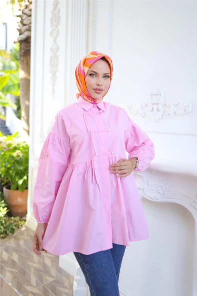 Kolları Lastikli Belden Büzgülü Bağcık Düğmeli Gömlek - (38-46) - 71302 - Pembe ürün görseli