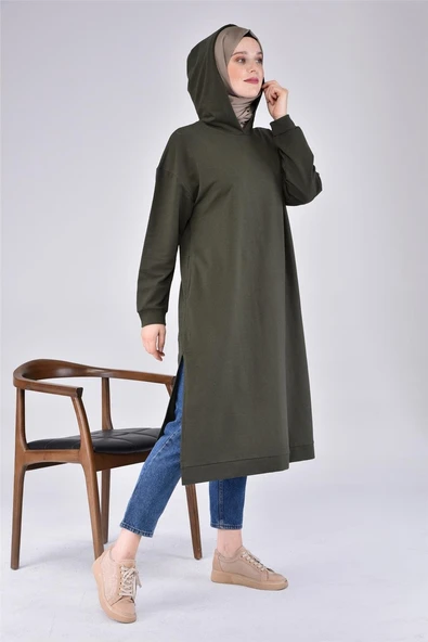 Atlas Kapşonlu Uzun Sade Basic Sweatshirt - 03007-1.005 - Haki - Resim 3