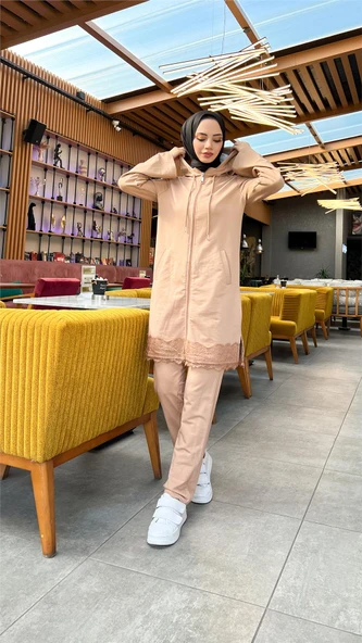 Fermuarlı Kapşonlu Dantel Desenli Tunik Pantolon İkili Spor Takım - (38-46) - 71158 - Bej - Resim 2