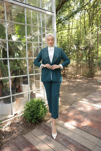 Belden Bağlamalı İncili Ceket Takımı - (38-46) - 71193 - Zümrüt Yeşili - Resim 2