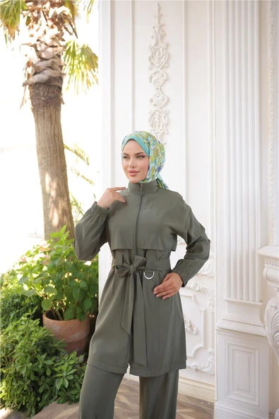 Balıkçı Yaka Belden Bağcıklı Fermuarlı İkili Tesettür Eşofman Takımı - (38-46) - 71301 - Haki - Resim 5