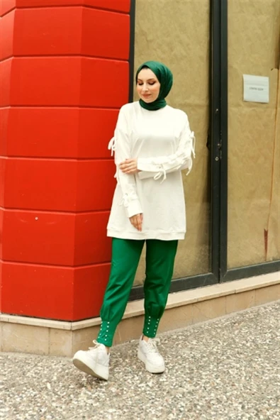 Zehmeri Taşlı ve Beli Lastikli Pantolon - (38-46) - 71101 - Koyu Yeşil - Resim 4