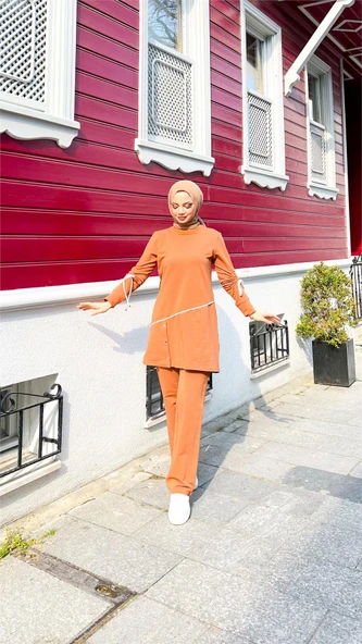 Koldan Bağcıklı Şeritli Çıtçıtlı İkili Tesettür Eşofman Takımı - (38-46) - 71180 - Hardal - Resim 5