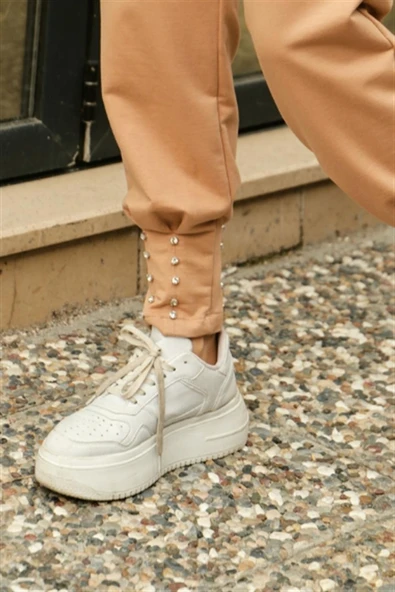 Zehmeri Taşlı ve Beli Lastikli Pantolon - (38-46) - 71101 - Bej ürün görseli