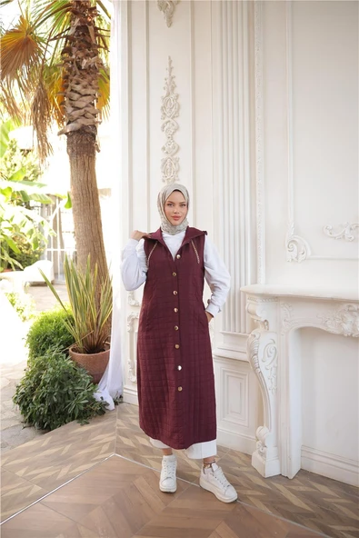 Kapşonlu Çıtçıtlı Kolsuz Cepli Uzun Kapitone Yelek - (38-46) - 71195 - Bordo - 3