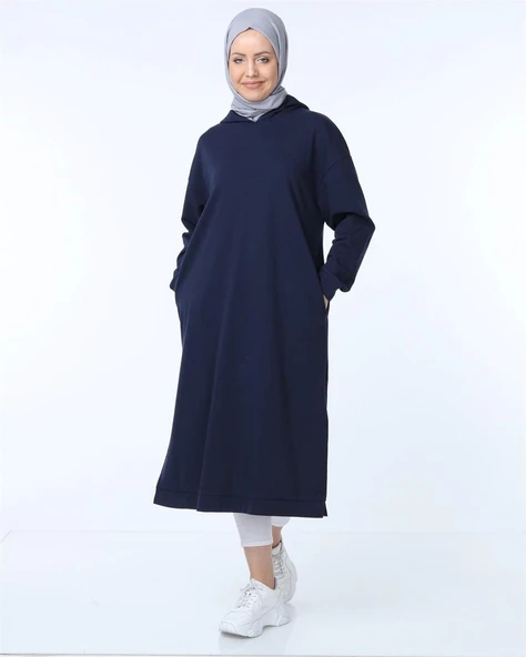 Atlas Kapşonlu Uzun Sade Basic Sweatshirt - 03007-1.015 - Lacivert ürün görseli