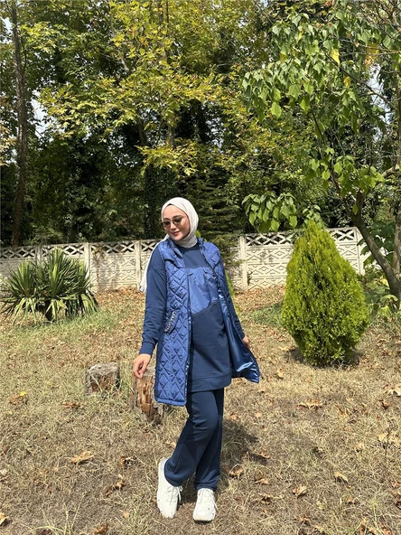 Dafne Cepli Eşofman Kolsuz Yelek Beli Lastikli Pantolon Üçlü Takım - (38-46) - 71149 - İndigo - 4