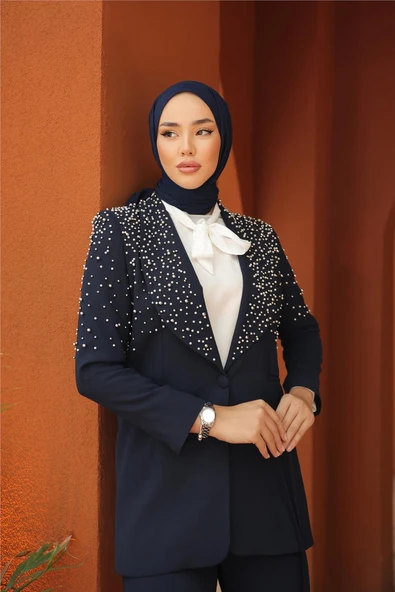 Belden Bağlamalı İncili Ceket Takımı - (38-46) - 71193 - Lacivert - Resim 6