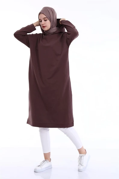 Atlas Kapşonlu Uzun Sade Basic Sweatshirt - 03007-1.028 - Kahverengi - Resim 7