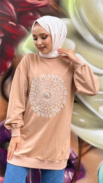 Papatya Taş Detaylı Nakış Baskılı Sweatshirt - (38-46) - 71143 - Bej - Resim 8