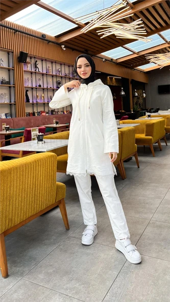 Fermuarlı Kapşonlu Dantel Desenli Tunik Pantolon İkili Spor Takım - (38-46) - 71158 - Krem - Resim 5