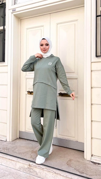 Kapşonlu Yırtmacı Bağcık Detaylı Pamuklu Tesettür Eşofman Takımı - (38-46) - 71168 - Çağla Yeşili - Resim 12