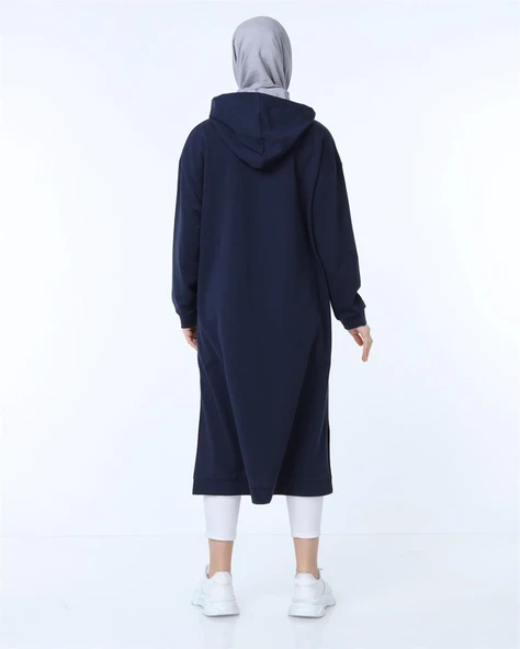 Atlas Kapşonlu Uzun Sade Basic Sweatshirt - 03007-1.015 - Lacivert - Resim 2