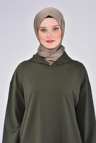 Atlas Kapşonlu Uzun Sade Basic Sweatshirt - 03007-1.005 - Haki - Resim 4
