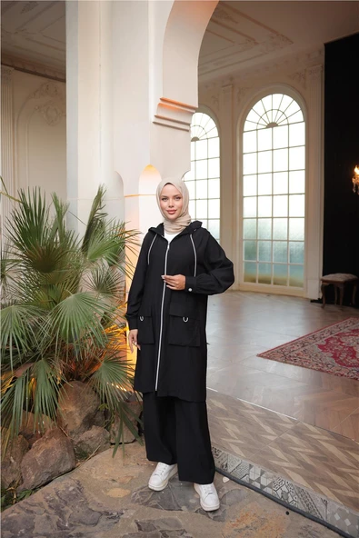 Kapşonlu Fermuarlı Çift Cepli Kap İkili Tesettür Eşofman Takımı - (38-46) - 71305 - Siyah ürün görseli