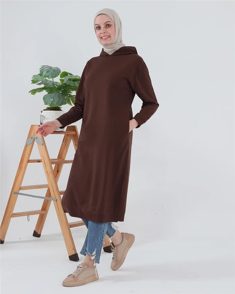 Atlas Kapşonlu Uzun Sade Basic Sweatshirt - 03007-1.020 - Mürdüm - 10