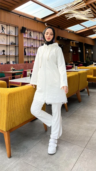 Fermuarlı Kapşonlu Dantel Desenli Tunik Pantolon İkili Spor Takım - (38-46) - 71158 - Krem - Resim 2
