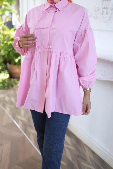 Kolları Lastikli Belden Büzgülü Bağcık Düğmeli Gömlek - (38-46) - 71302 - Pembe - Resim 6
