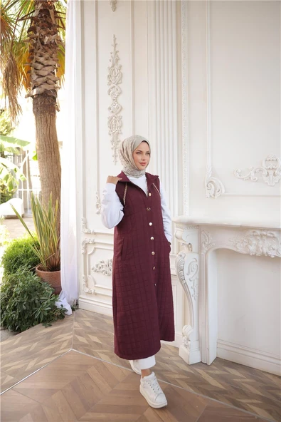 Kapşonlu Çıtçıtlı Kolsuz Cepli Uzun Kapitone Yelek - (38-46) - 71195 - Bordo - 2