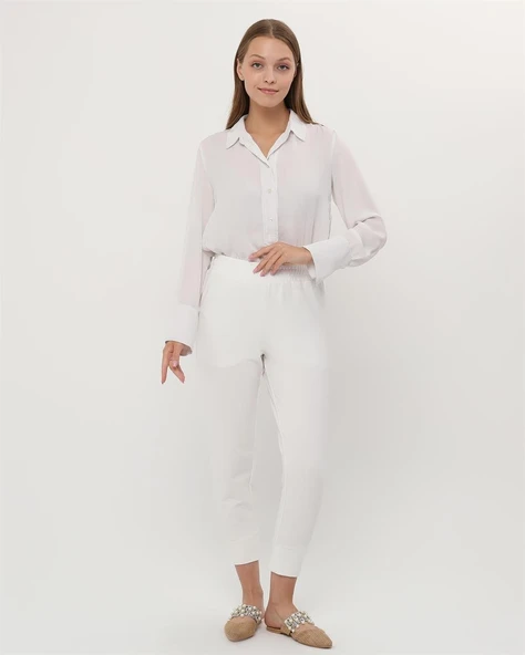 Step Paçası Manşetli Beli Lastikli Pantolon - (38-46) - 71125 - Krem ürün görseli