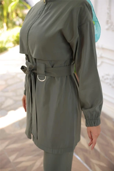 Balıkçı Yaka Belden Bağcıklı Fermuarlı İkili Tesettür Eşofman Takımı - (38-46) - 71301 - Haki - Resim 7