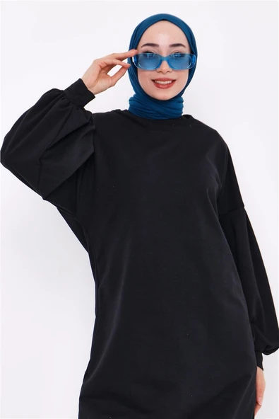 Hira Balon Kol Midi Boy Sade Basic Sweatshirt - 03031-1.003 - Siyah - Resim 7
