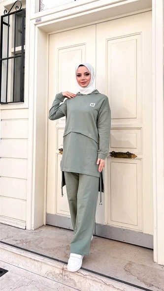 Kapşonlu Yırtmacı Bağcık Detaylı Pamuklu Tesettür Eşofman Takımı - (38-46) - 71168 - Çağla Yeşili - Resim 7