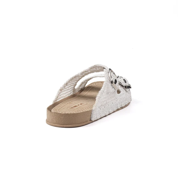 Kadın Beyaz Hasır Terlik Örgü Dantel Nakış İşlemeli Triko Yazlık Tatil Ev Günlük Terlik - Resim 5