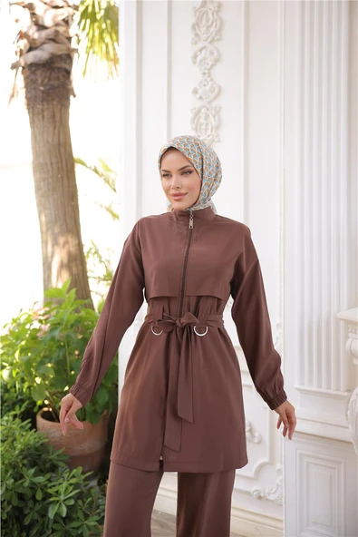 Balıkçı Yaka Belden Bağcıklı Fermuarlı İkili Tesettür Eşofman Takımı - (38-46) - 71301 - Kahverengi - Resim 4