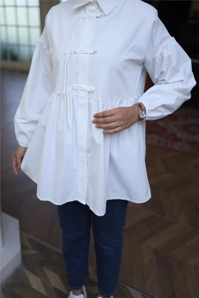 Kolları Lastikli Belden Büzgülü Bağcık Düğmeli Gömlek - (38-46) - 71302 - Ekru - Resim 6