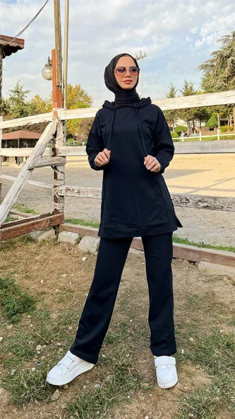 Kapşonlu O Yaka Sade Basic İkili Eşofman Spor Takımı - 03039-1.003 - Siyah - Resim 7