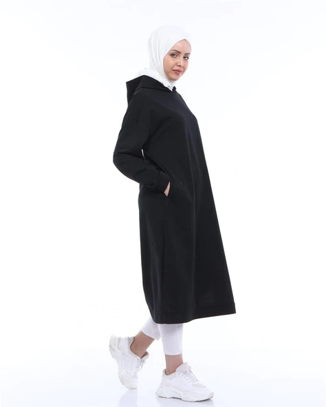 Atlas Kapşonlu Uzun Sade Basic Sweatshirt - 03007-1.003 - Siyah - Resim 2