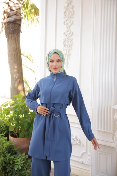 Balıkçı Yaka Belden Bağcıklı Fermuarlı İkili Tesettür Eşofman Takımı - (38-46) - 71301 - İndigo - Resim 5