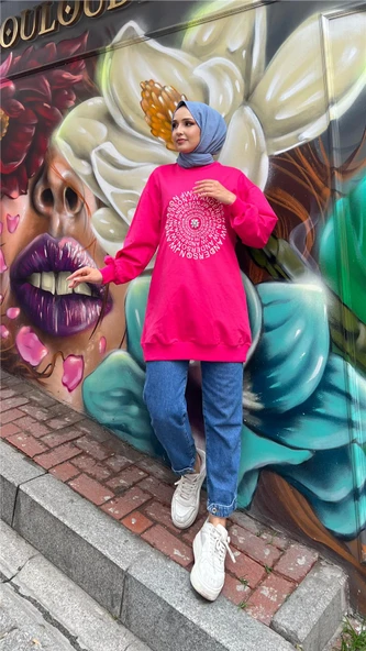 Papatya Taş Detaylı Nakış Baskılı Sweatshirt - (38-46) - 71143 - Fuşya - Resim 5