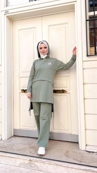 Kapşonlu Yırtmacı Bağcık Detaylı Pamuklu Tesettür Eşofman Takımı - (38-46) - 71168 - Çağla Yeşili - Resim 4