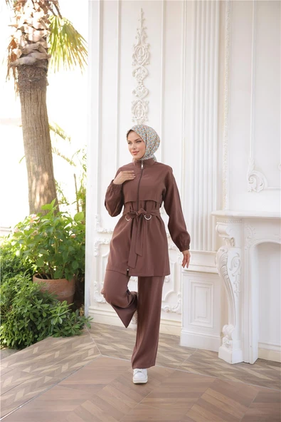 Balıkçı Yaka Belden Bağcıklı Fermuarlı İkili Tesettür Eşofman Takımı - (38-46) - 71301 - Kahverengi - Resim 3