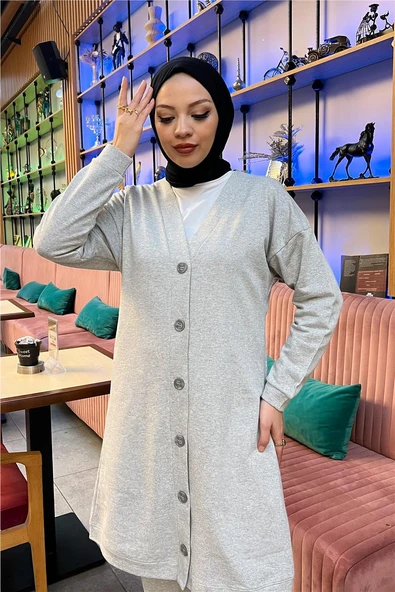 Düğmeli V Yakalı Sade Basic Eşofman Spor İkili Takım - 03051-1.008 - Gri - Resim 11