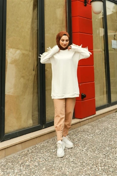 Zehmeri Taşlı ve Beli Lastikli Pantolon - (38-46) - 71101 - Bej - Resim 4