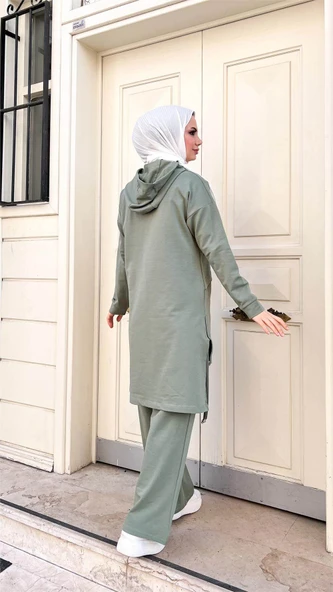 Kapşonlu Yırtmacı Bağcık Detaylı Pamuklu Tesettür Eşofman Takımı - (38-46) - 71168 - Çağla Yeşili - Resim 5