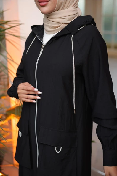 Kapşonlu Fermuarlı Çift Cepli Kap İkili Tesettür Eşofman Takımı - (38-46) - 71305 - Siyah - Resim 7