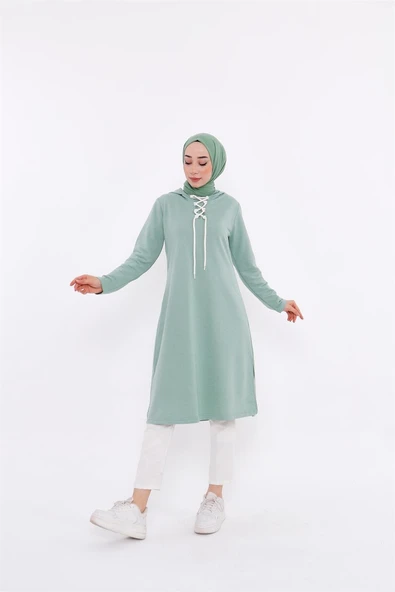 Eflin Yakadan Bağlamalı Kapşonlu Uzun Sweatshirt - 03030-1.100 - Çağla Yeşili