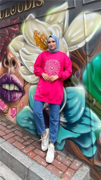 Papatya Taş Detaylı Nakış Baskılı Sweatshirt - (38-46) - 71143 - Fuşya - Resim 3