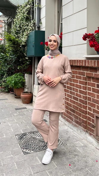 Candy Kolye Detaylı Tunik Pantolon İkili Takım - (38-46) - 71136 - Bej - 3