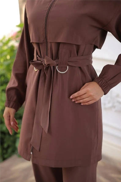 Balıkçı Yaka Belden Bağcıklı Fermuarlı İkili Tesettür Eşofman Takımı - (38-46) - 71301 - Kahverengi - Resim 6