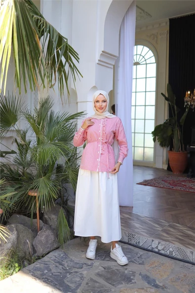 Belden Bağcıklı Fırfır Detalı Gömlek - Etek Takımı - (38-46) - 71303 - Ekru ürün görseli