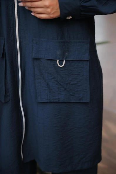 Kapşonlu Fermuarlı Çift Cepli Kap İkili Tesettür Eşofman Takımı - (38-46) - 71305 - Lacivert - Resim 6