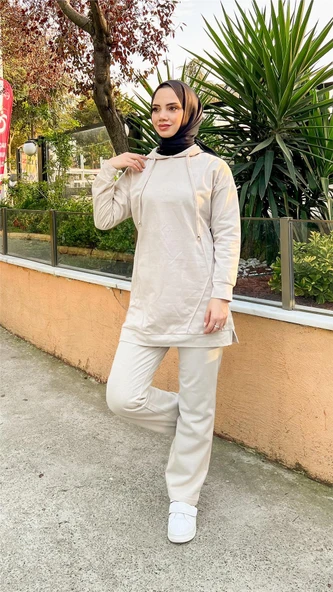 Kapşonlu O Yaka Sade Basic İkili Eşofman Spor Takımı - 03039-1.027 - Ekru - Resim 6