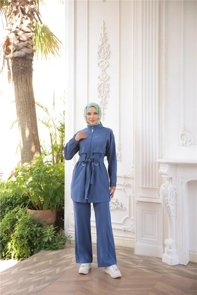 Balıkçı Yaka Belden Bağcıklı Fermuarlı İkili Tesettür Eşofman Takımı - (38-46) - 71301 - İndigo - Resim 2